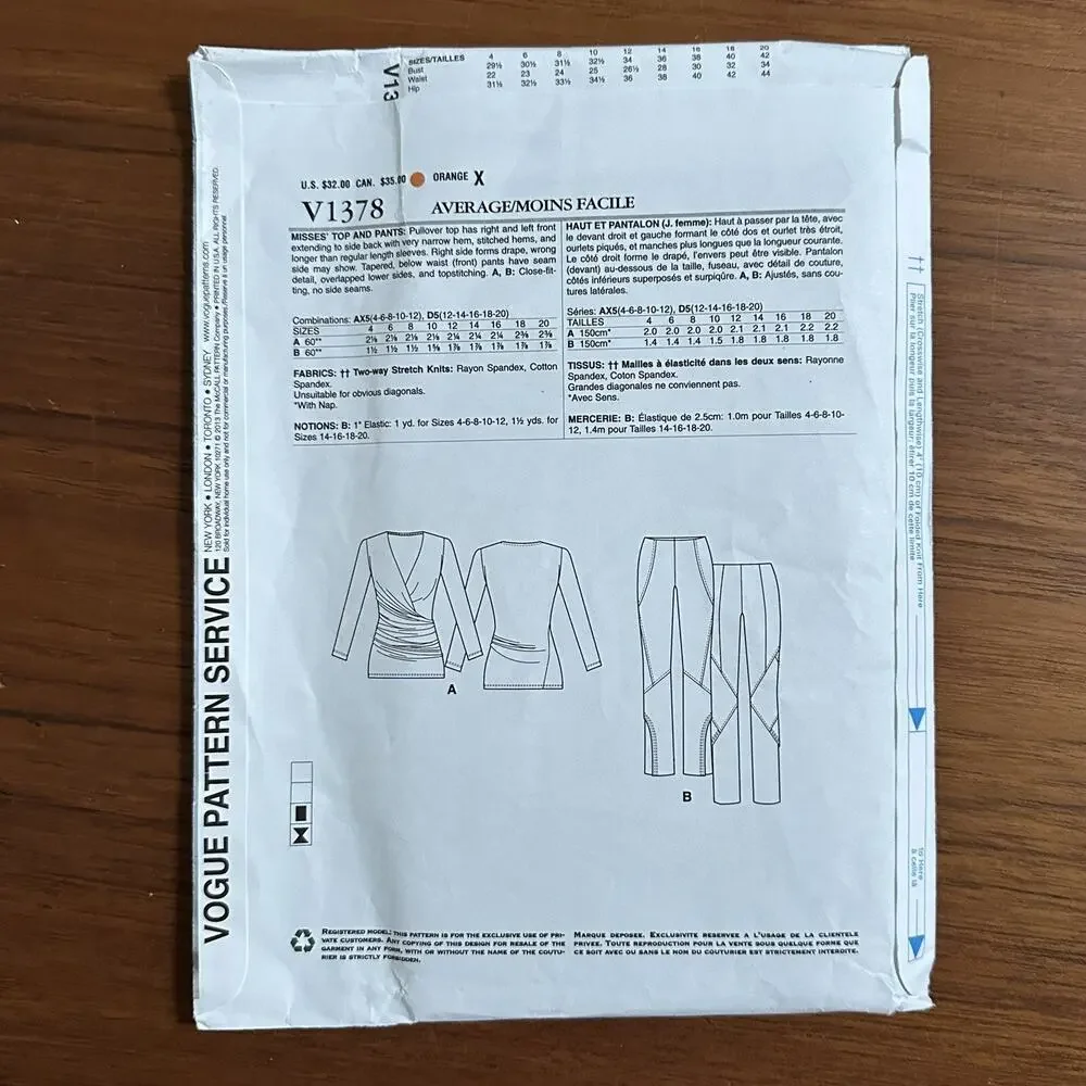 NEW VOGUE PATTERN 1378 TOP PANTS DESIGNER MISSES SIZES 12-14-16-18-20